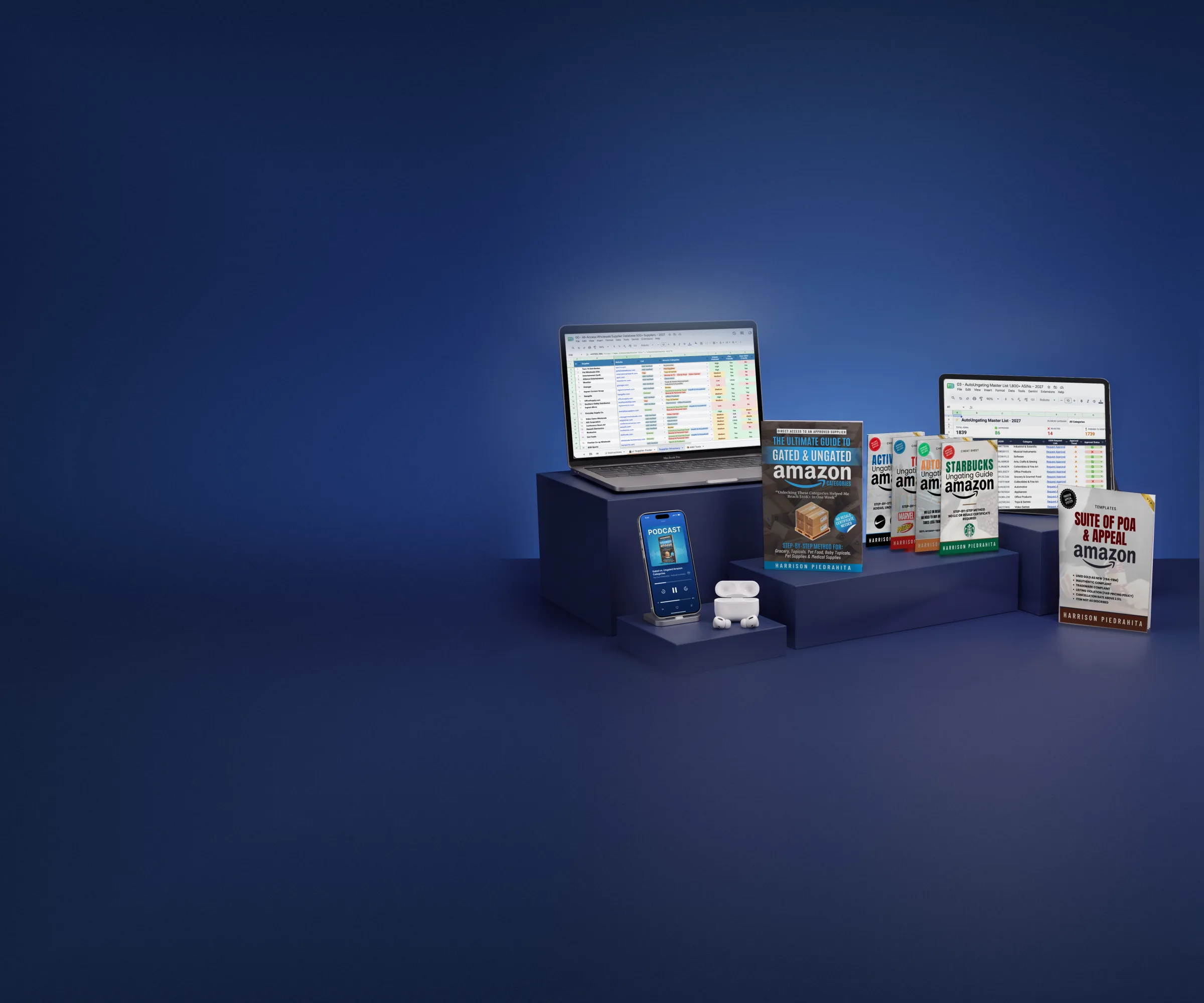 Everything in The Ungated Seller System: the guide, 4 cheat sheets, the POA kit, the Supplier Database on a laptop, the AutoUngating list on a tablet and the podcast on a phone