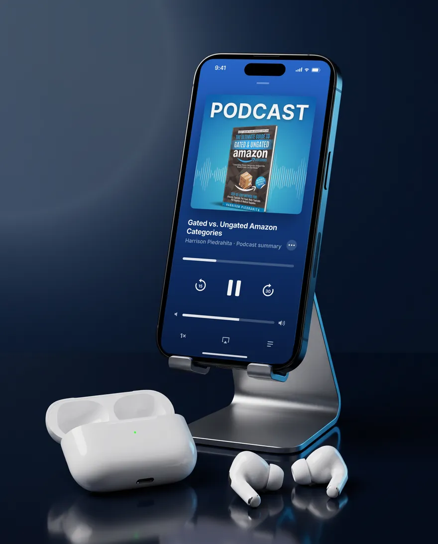 The podcast summary playing on an iPhone next to AirPods